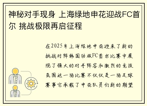 神秘对手现身 上海绿地申花迎战FC首尔 挑战极限再启征程